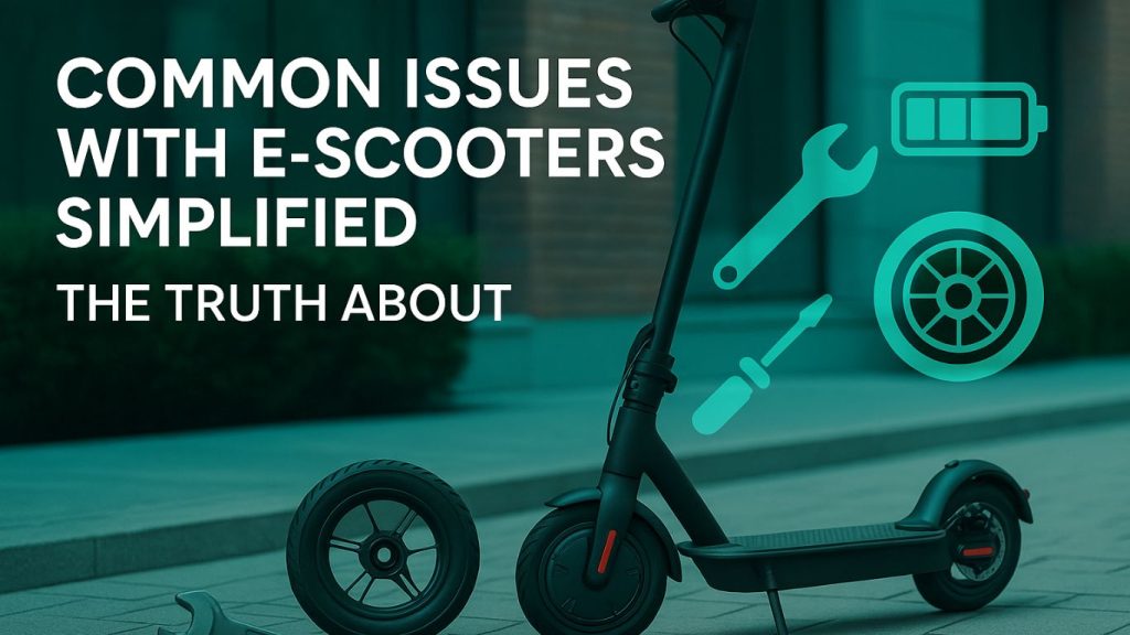 A modern electric scooter on an urban street surrounded by maintenance icons, showing tools, a tire, and a battery — representing common E-scooter issues like battery problems, tire wear, and brake repairs.