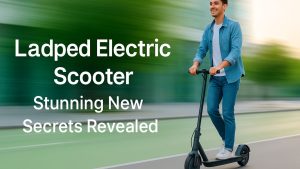 A Ladped electric scooter stands upright on a street, featuring a streamlined body and bright accents for urban commuting.