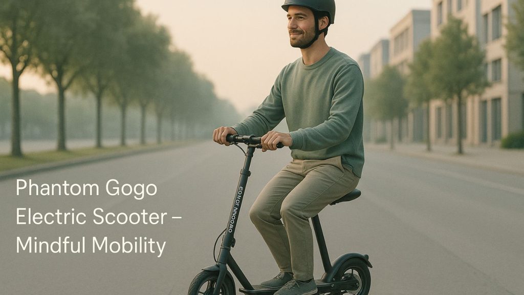 Phantom Gogo Electric Scooter on urban road at sunrise promoting eco-friendly and mindful travel.