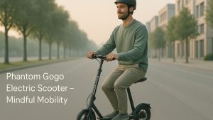 Phantom Gogo Electric Scooter on urban road at sunrise promoting eco-friendly and mindful travel.